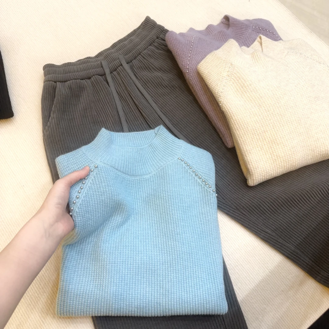 2024秋冬新款洋气钉珠半高领厚款套头针织衫毛衣打底衫女装上衣V2