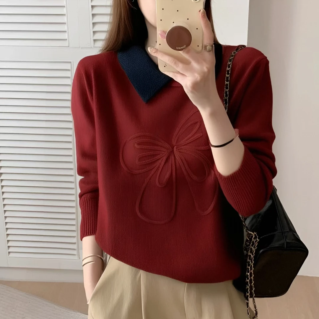 （现货）欧货高档品质针织衫毛衣时尚洋气刺绣蝴蝶款翻领打底衫女装