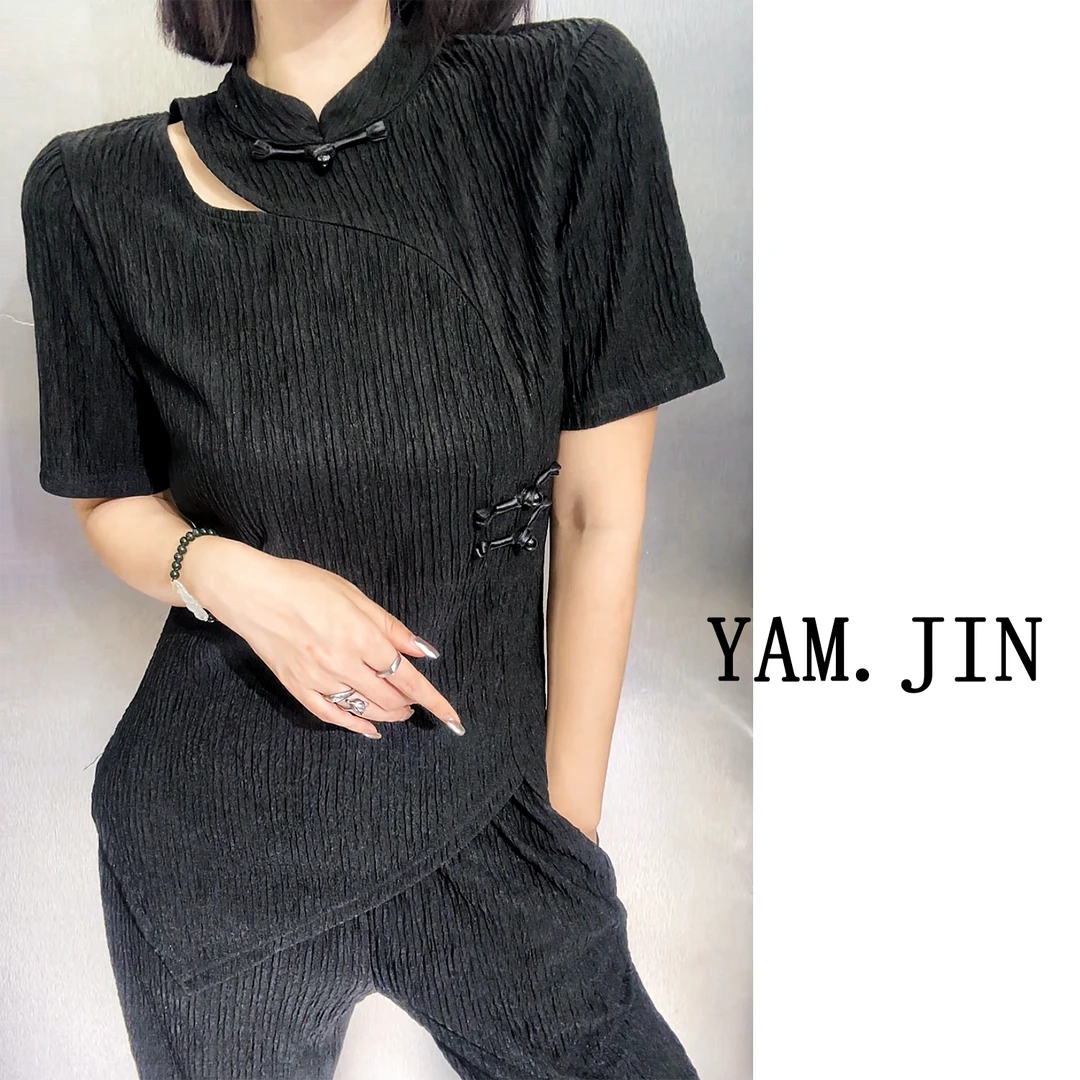 【国风套装两件套】压皱时尚黑色弹力中国风套装 显瘦拍衣服送裤子