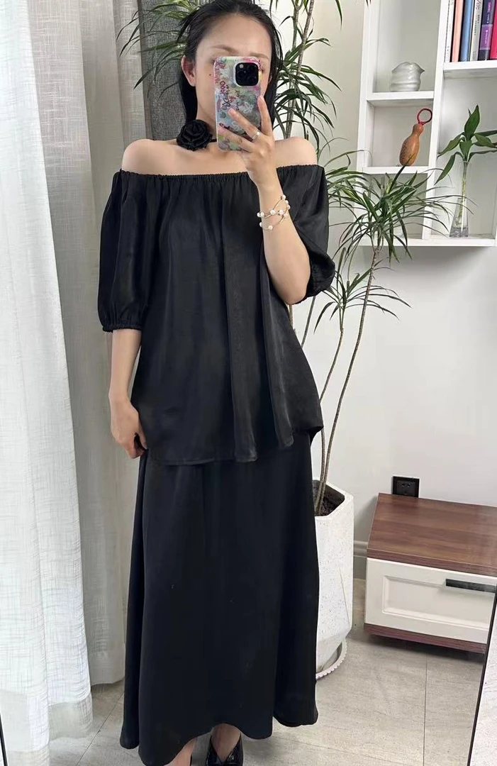 2024夏季一字肩时尚百搭气质显瘦女士收腰收腰醋酸断面长款套裙