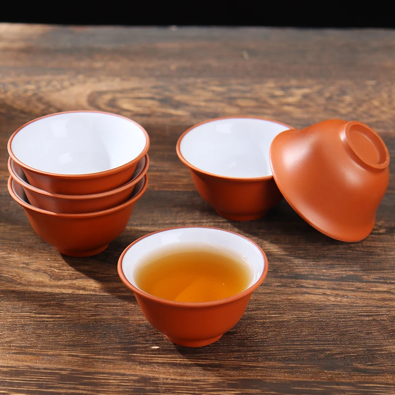 潮汕功夫小茶杯朱泥杯白内手拉杯子陶瓷反口杯可养不开裂小号防烫