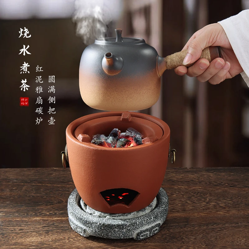 潮汕红泥小火炉炭炉户外围炉煮茶炉粗陶侧把家用烧水壶老式风土炉