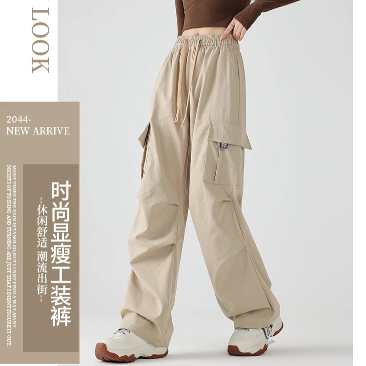 春秋新款时尚显瘦潮流高腰宽松直筒休闲黑标工装裤