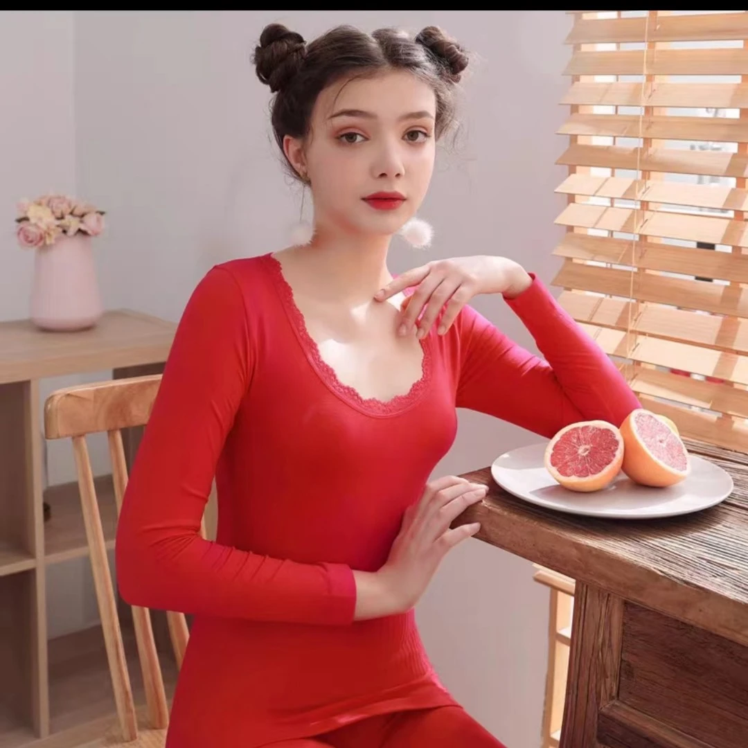 9879 礼盒装!美体打底衫! 高弹修身!女式圆领蕾丝保暖内衣上衣