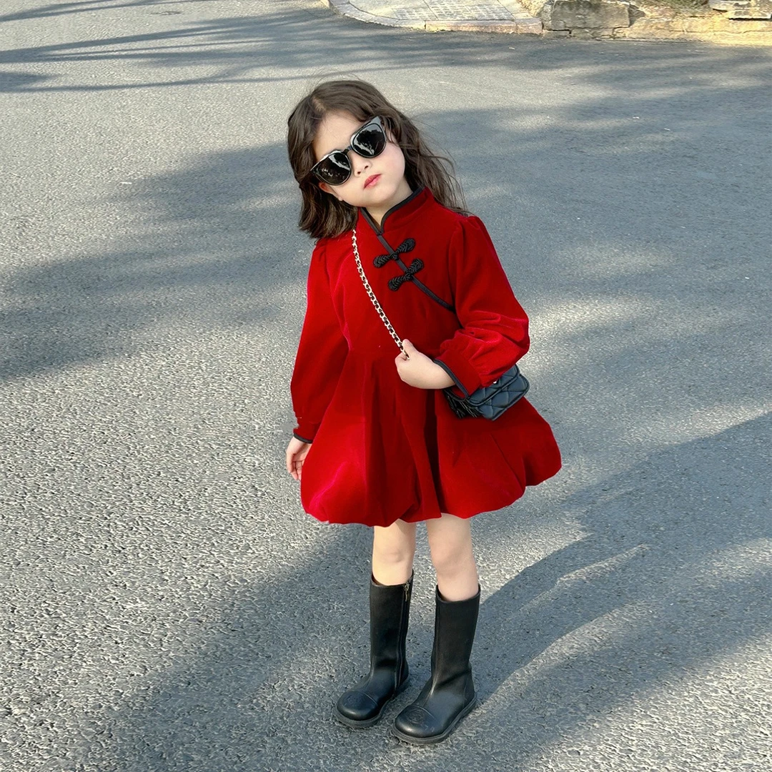 童装女童加绒旗袍裙冬季新中式丝绒花苞连衣裙女宝宝新年裙子