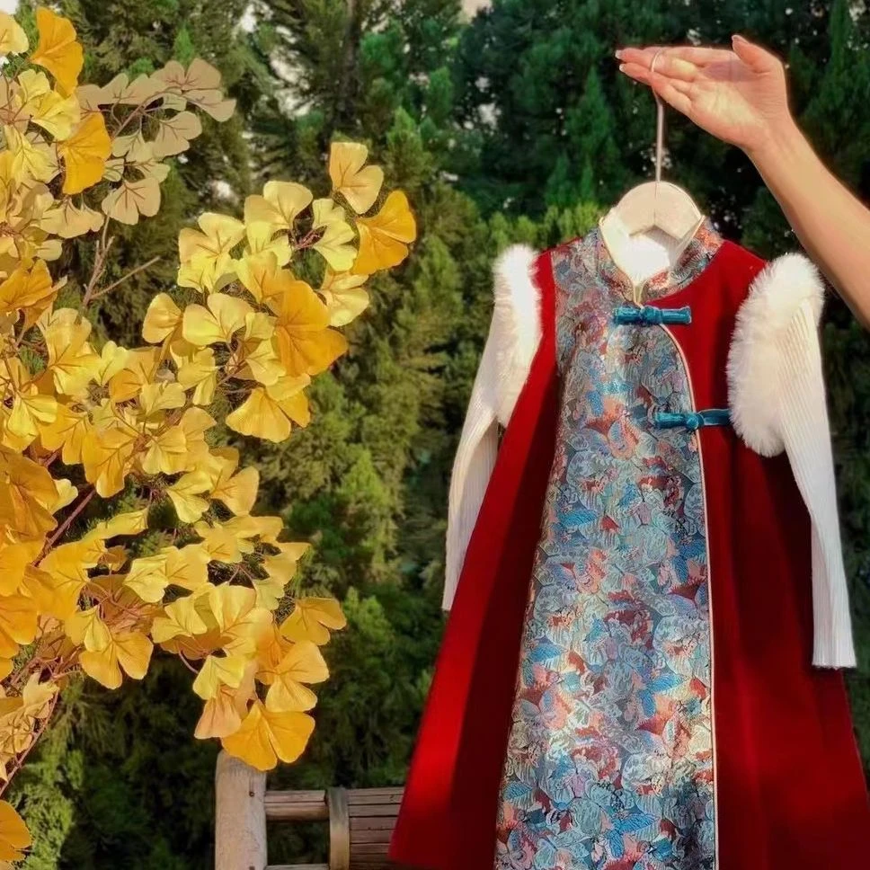 新中式童装女童冬季洋气立领盘扣刺绣中国风旗袍连衣裙马甲背心裙