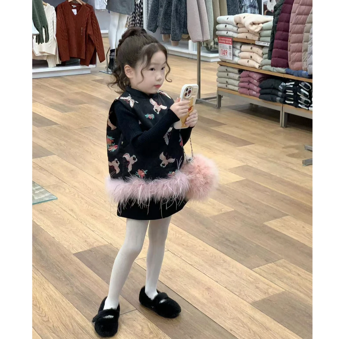 壹妈童装女童套装冬季新中式夹棉马甲加绒半裙儿童时髦洋气两件套