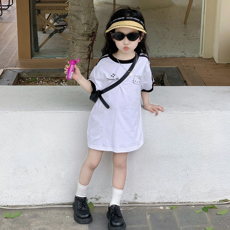 韩版儿童童装女童T恤裙夏季新款洋气休闲运动卡通猫咪印花连衣裙