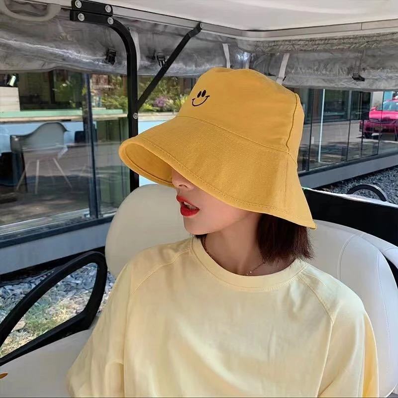 夏季渔夫帽遮脸百搭遮阳帽盆帽大帽檐太阳帽刺绣笑脸女帽布帽