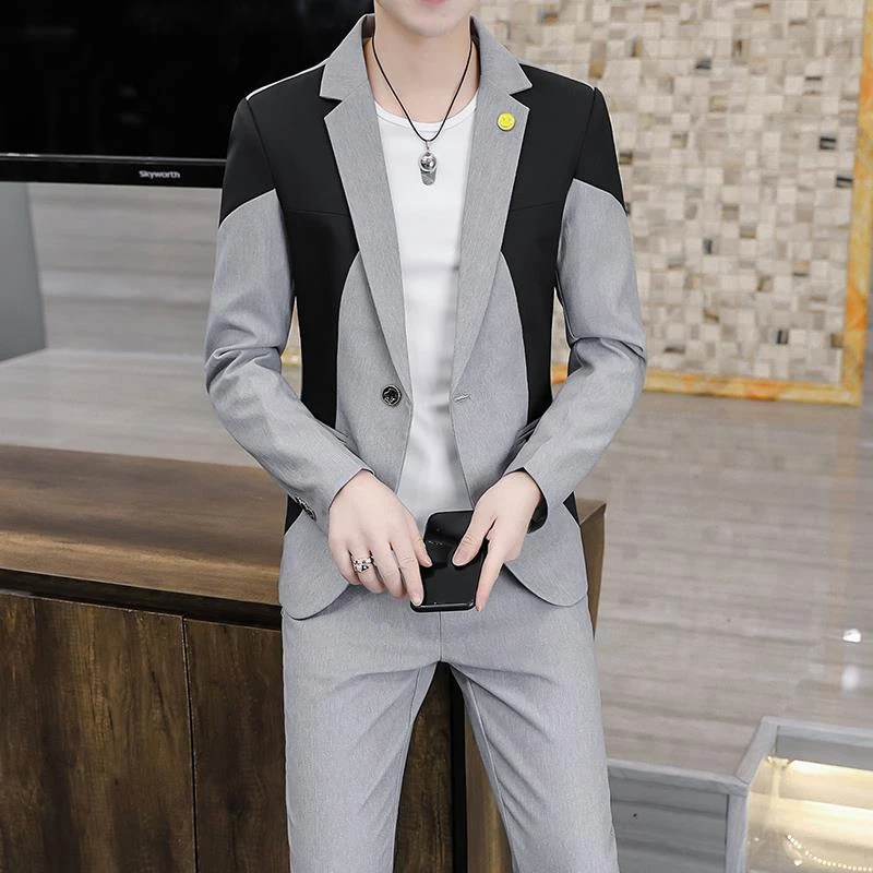 啄木鸟啄木鸟新款高级休闲西服套装拼接男西服帅气韩版修身两件套