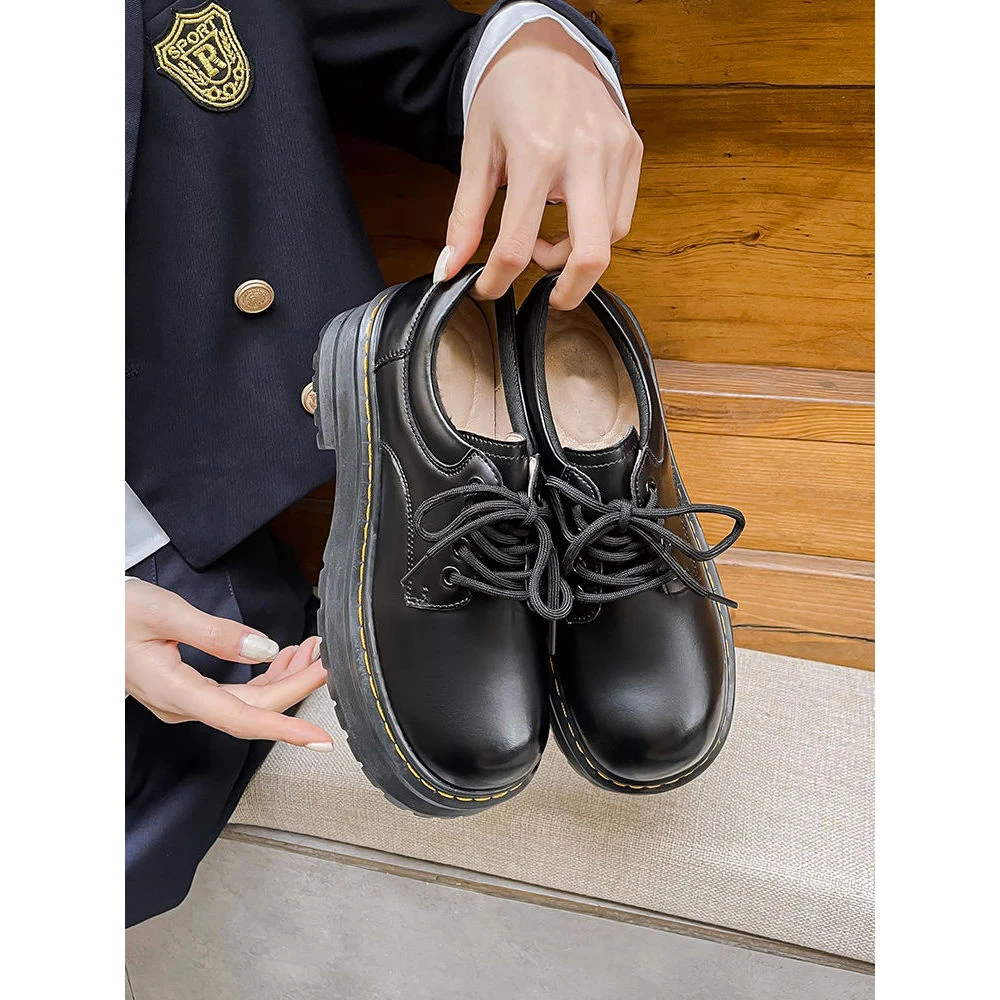 栗原熊黑色英伦风小皮鞋女春夏厚底复古百搭学院风棕色增高jk单鞋