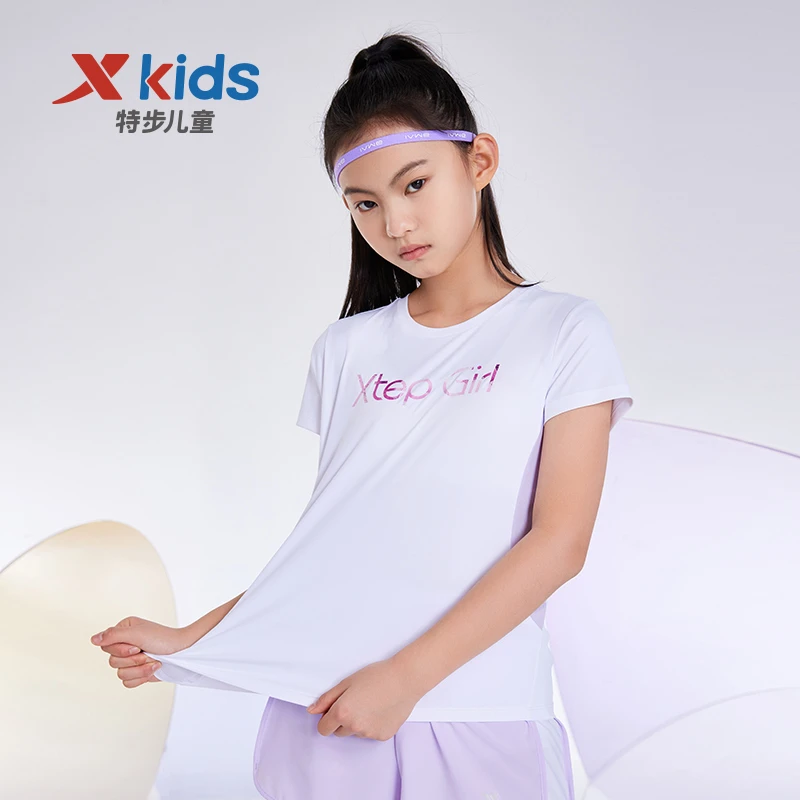 特步儿童女童夏季速干短袖中大童冰感透气运动T恤677224019214