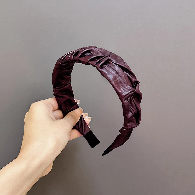 褶皱超纤皮质发卡发箍女酒红色气质发捆头饰成人日常宽边压发头箍