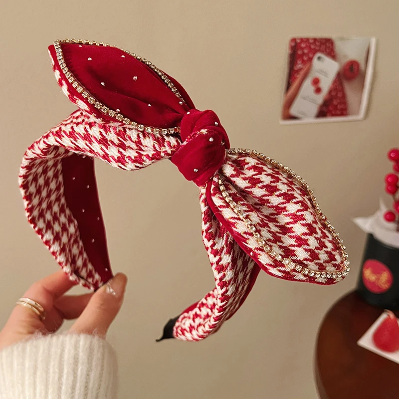 新年红色千鸟格蝴蝶结发箍女气质外出百搭发卡2024年新款发捆头箍