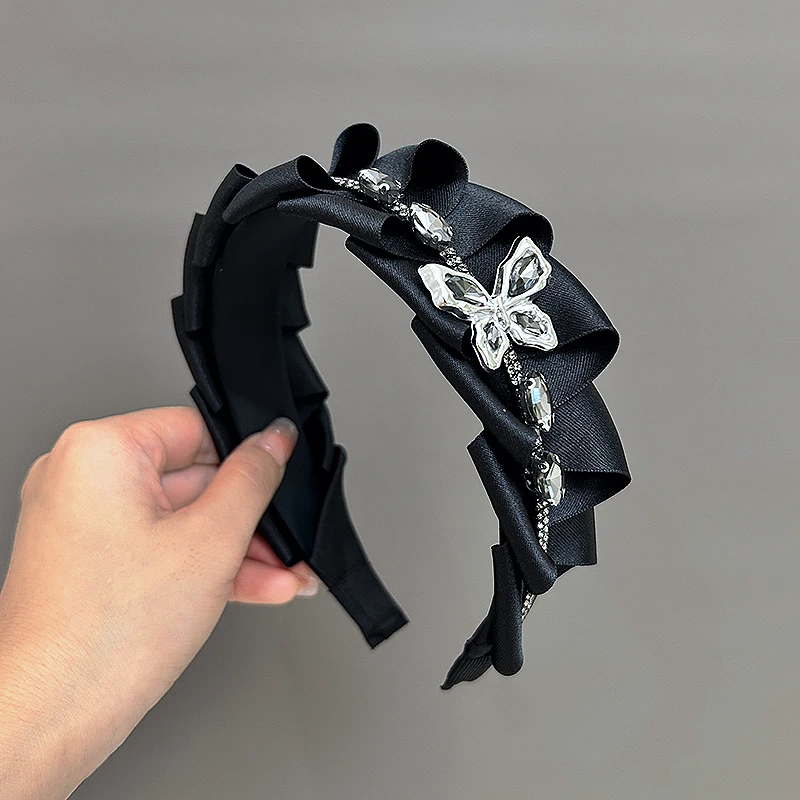 新款宽版蝴蝶气质水钻发箍精致时尚叠层高颅顶水晶头饰发卡外出
