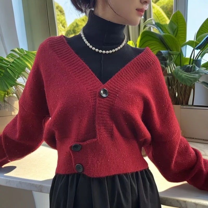 链接01-99宽松安哥拉红气质圆领针织衫长袖时尚百搭套头网红红色