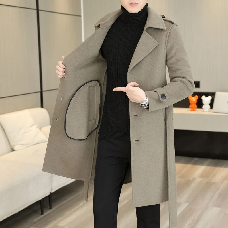 中长款男士春秋毛呢修身加厚韩版潮流羊毛双面休闲呢子大衣男外套