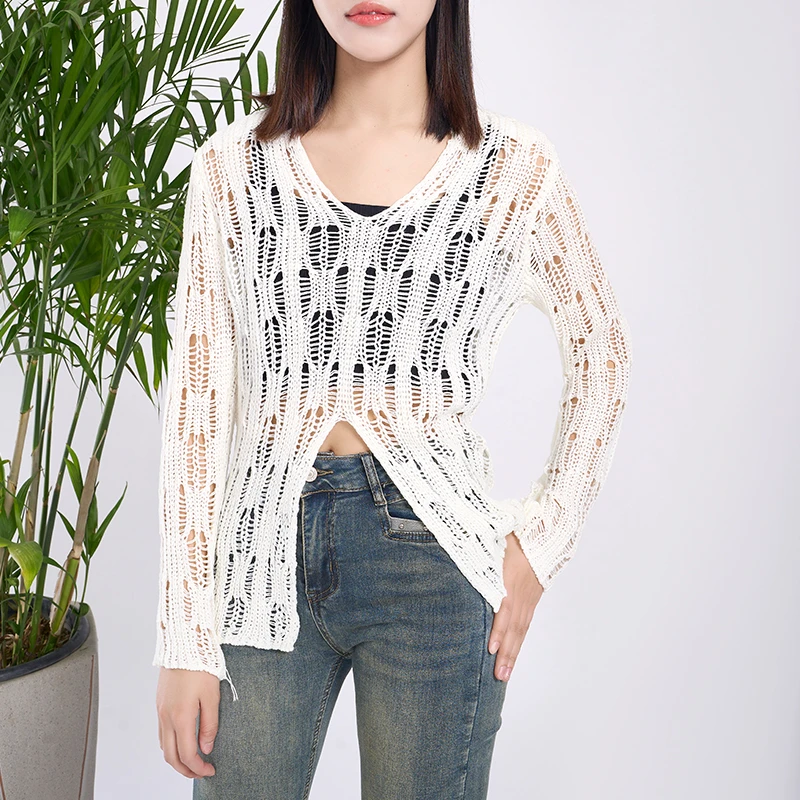 朵拉格格24春夏长袖短款白色百搭性感夏季休闲休闲防晒毛衣薄款