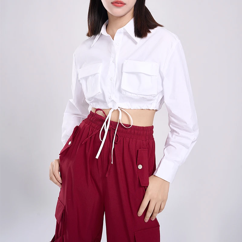 朵拉格格24春夏显瘦白色时尚高腰短款休闲百搭宽松系带纯色衬衫