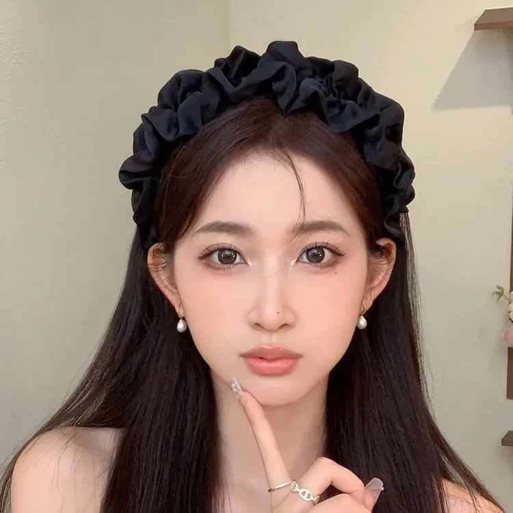 高级黑色布艺褶皱洗脸发箍 宽边褶皱高颅顶显脸百搭新娘发箍网红