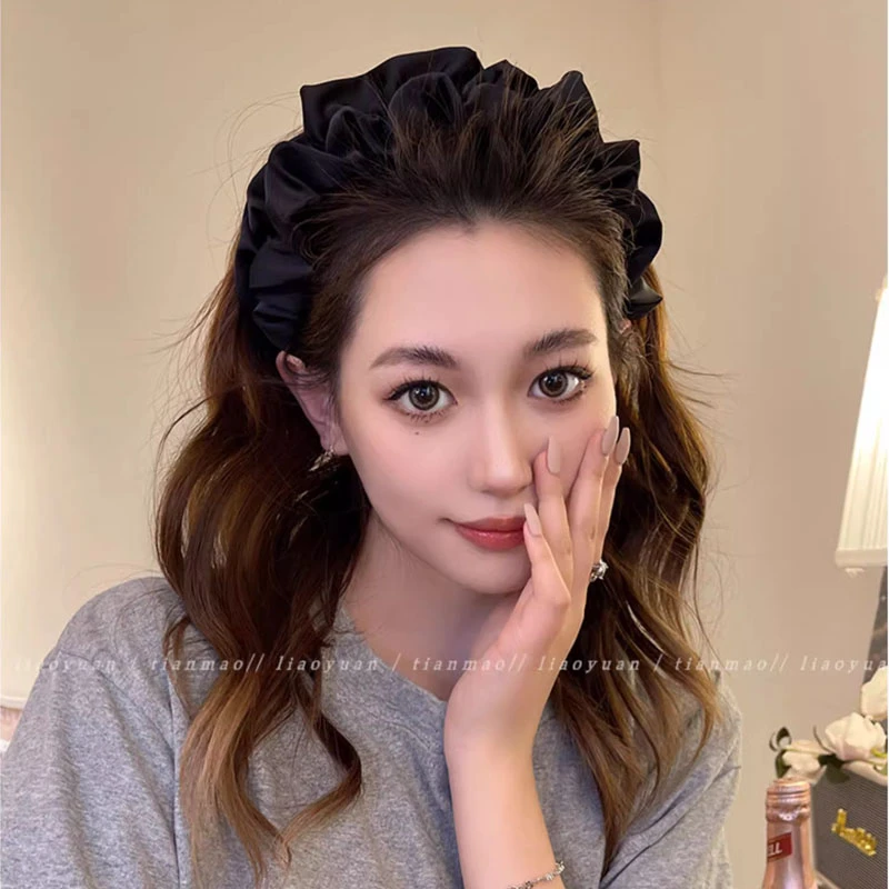 黑色宽边百搭网红新款时尚洗脸发带显脸小高颅顶褶皱新娘发箍女