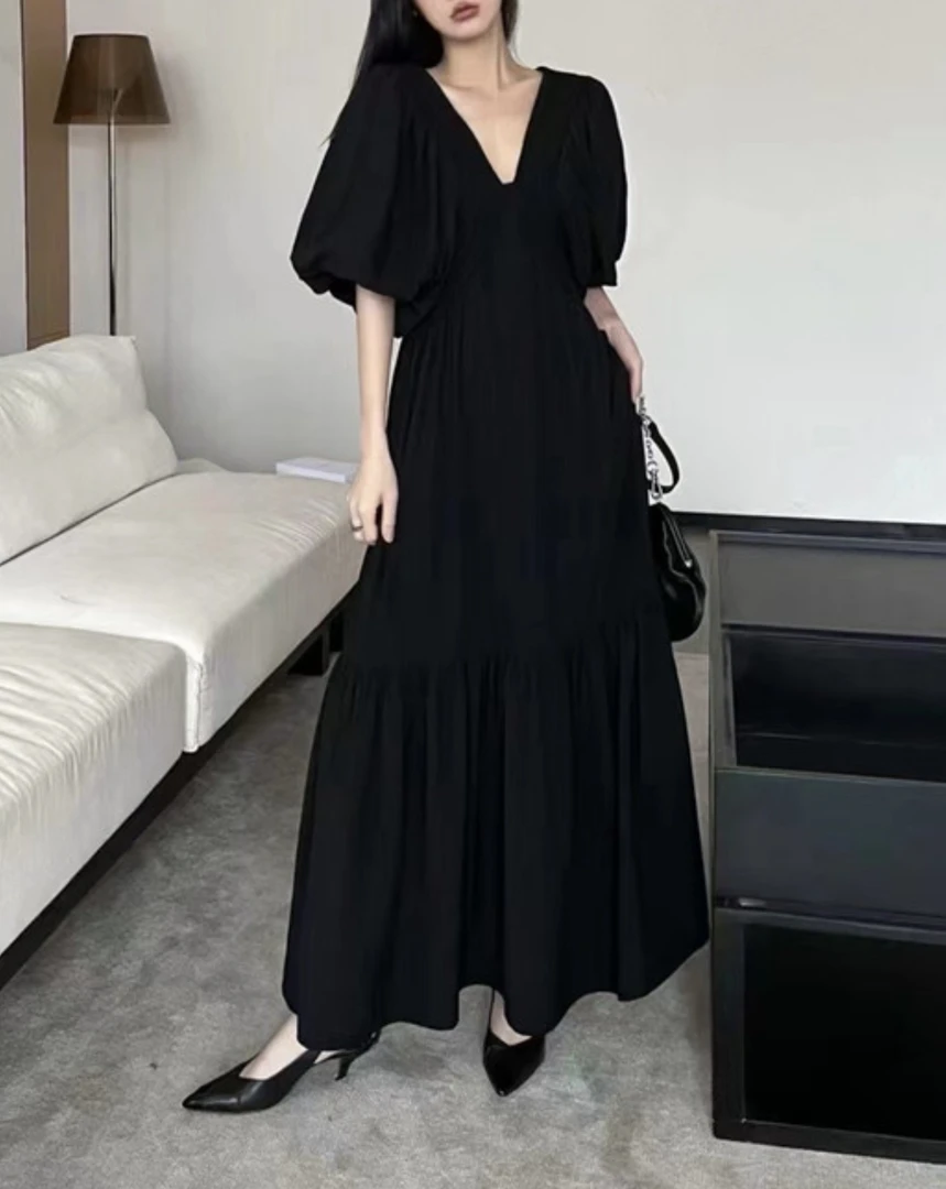 法式黑色V领露背连衣裙女 553