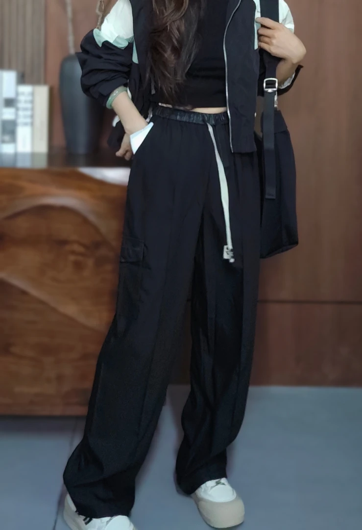 秋城高腰直筒工装裤宽松休闲运动显瘦黑色阔腿新款裤子 07556