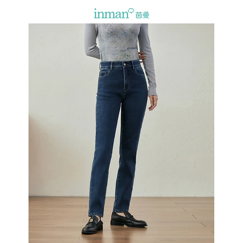 【商场同款】茵曼冬季女牛仔裤小脚裤子长裤铅笔弹力修身高腰显瘦