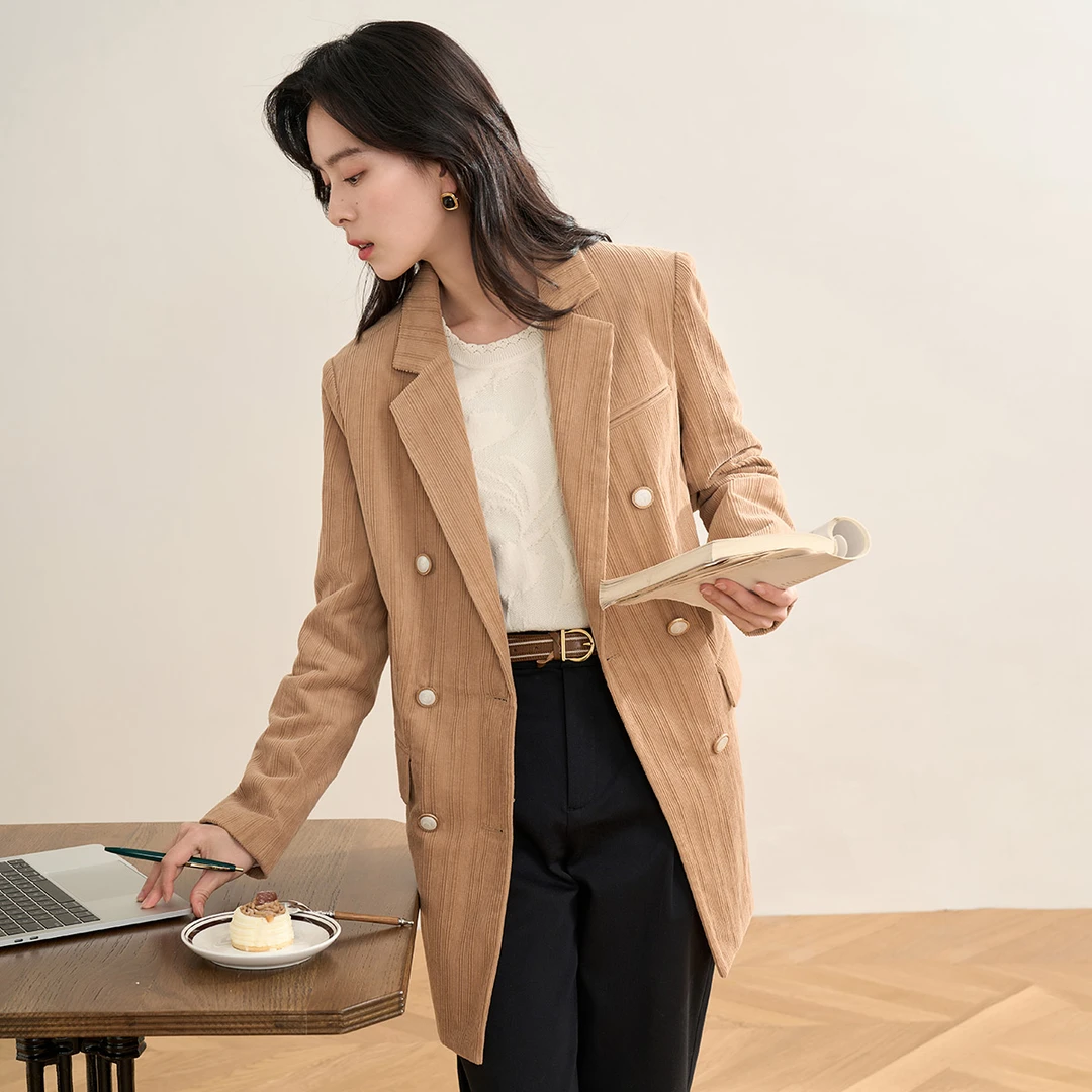 【秋冬外套】茵曼春秋女西装女装休闲通勤新款条纹长袖时尚百搭显瘦