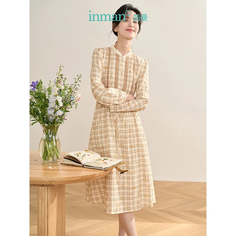 【秋至】茵曼春秋女连衣裙长袖气质新款休闲印花收腰泡泡袖圆领时尚