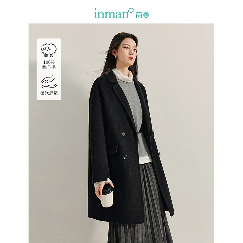 【商场同款】茵曼冬季新款女毛呢外套大衣西装绵羊毛保暖领宽松