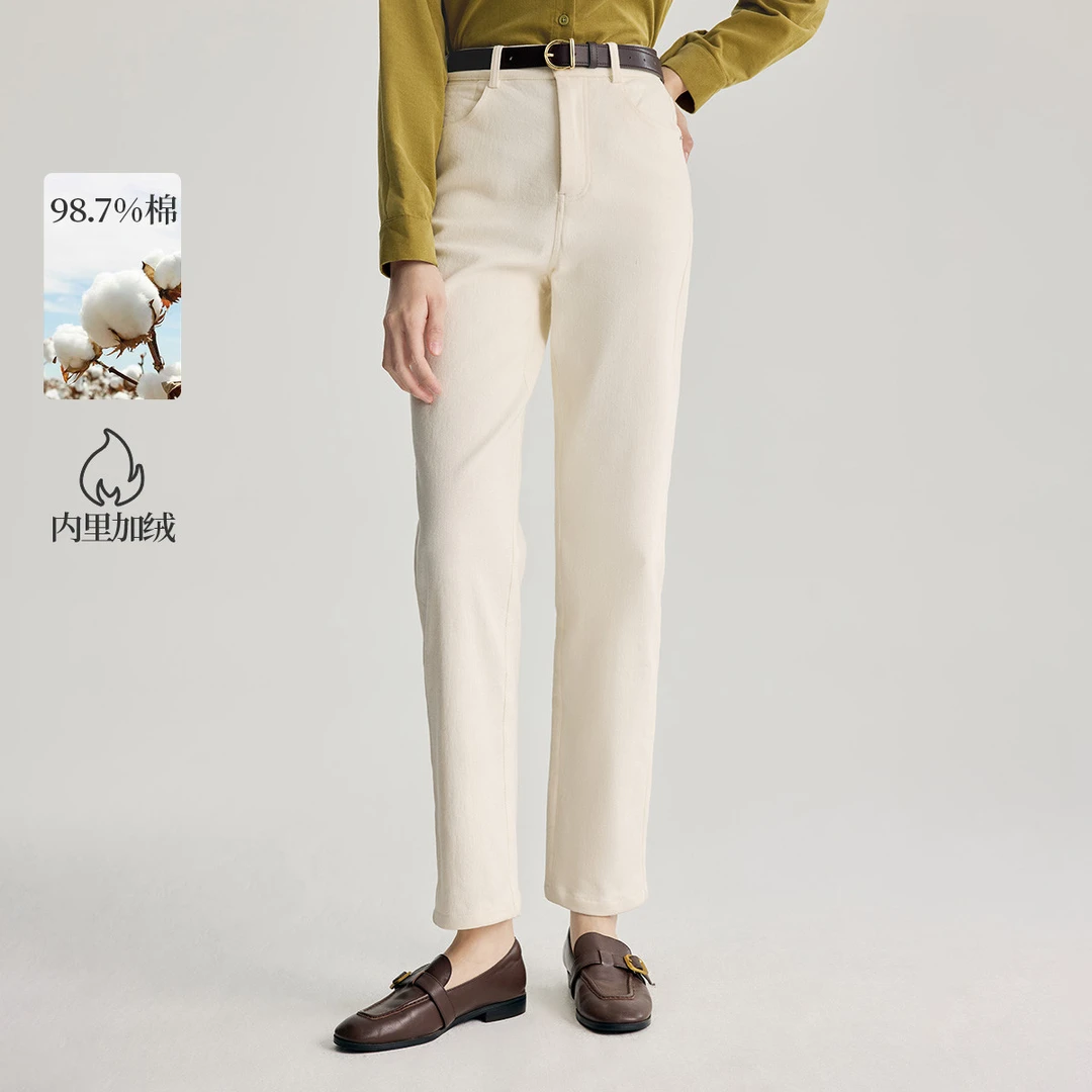茵曼冬季加绒保暖通勤直筒休闲裤百搭显瘦高腰法裤子