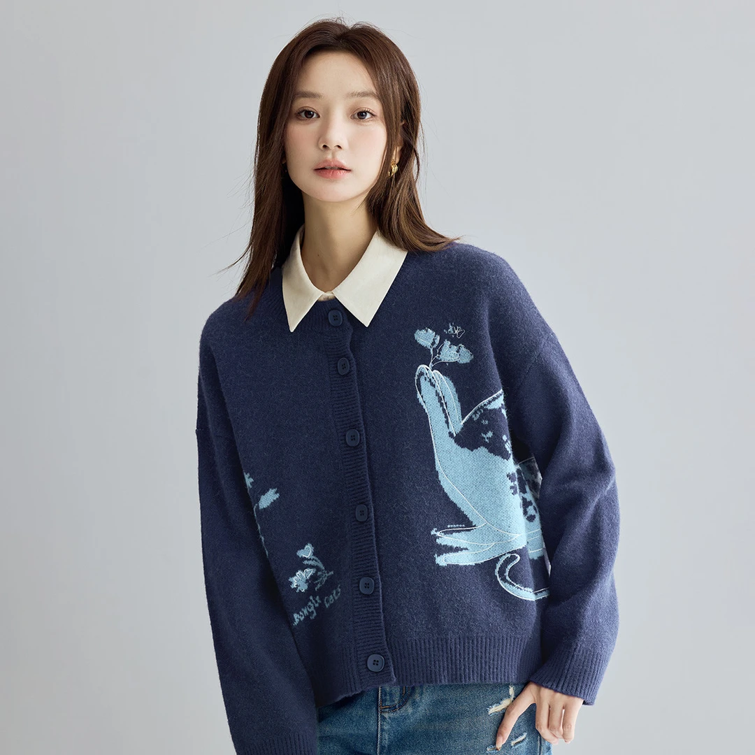 茵曼冬季女毛针织衫毛衣开衫外套新款修身圆领宽松T恤套头牛仔裤