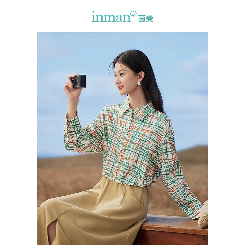 茵曼春秋女衬衫上衣衬衣长袖女装条纹新款短款休闲印花纯色爆款