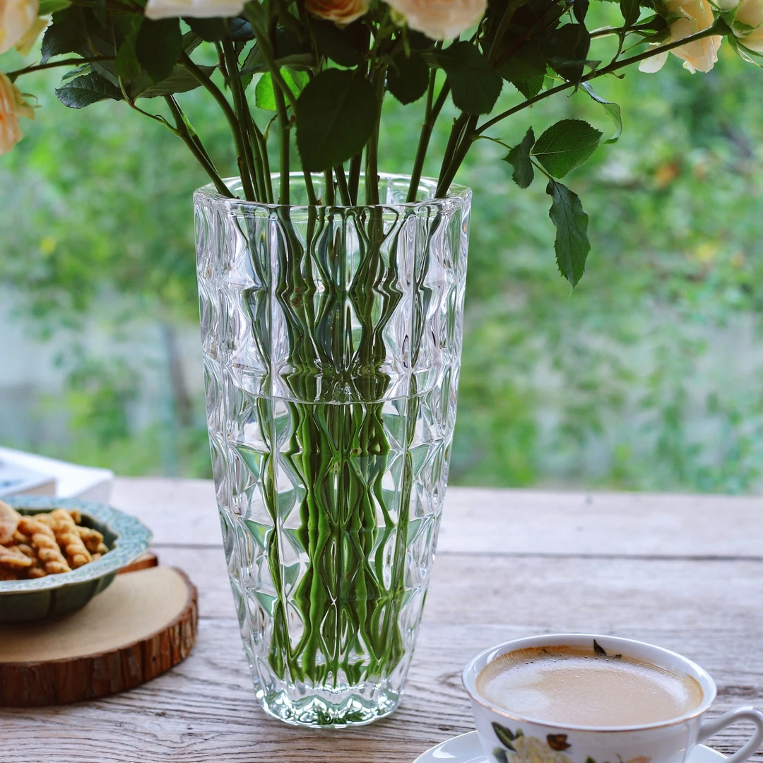 水晶重工玻璃花瓶 水培鲜花玫瑰百合郁金香百搭器皿加厚钻石纹路