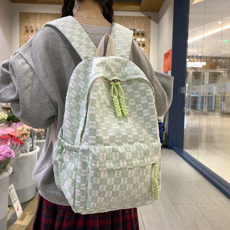 小清新书包女高中大学生初中生大容量背包韩版百搭格子少女双肩包