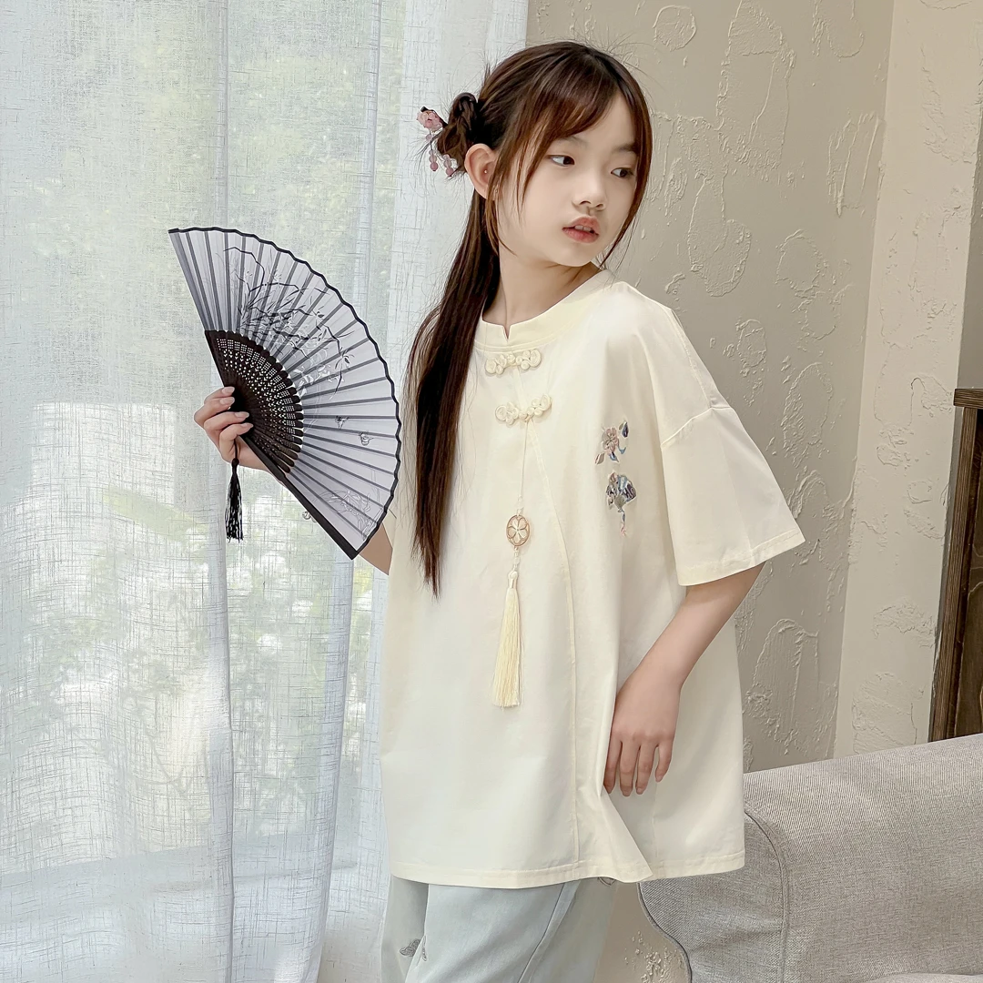 SZKP童装夏季新款女童中大童6-15岁新中式盘扣刺绣T恤 BXYX441089