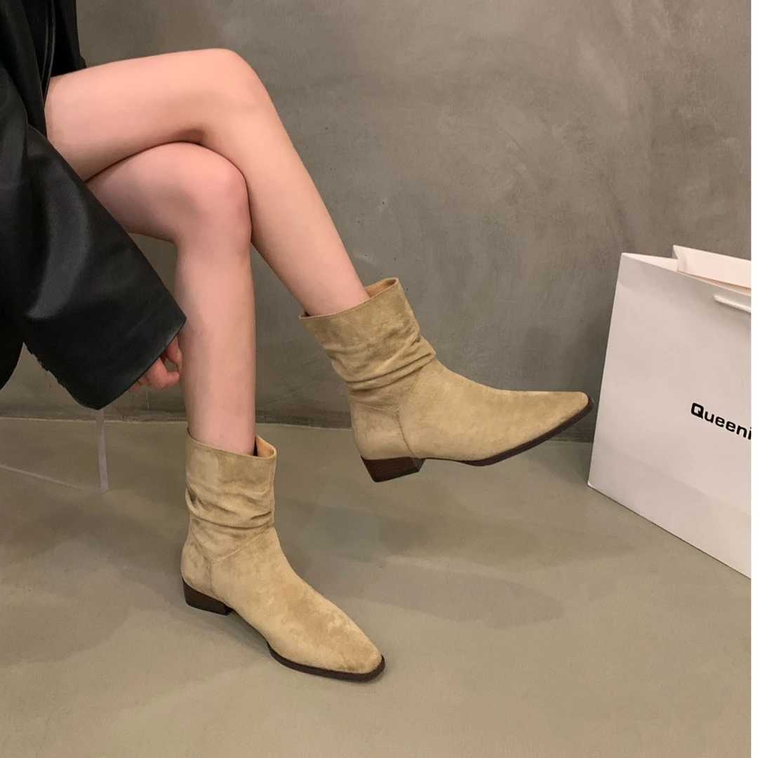 英伦风靴子秋冬褶皱堆堆靴复古尖头粗跟短靴西部牛仔靴骑士瘦瘦靴