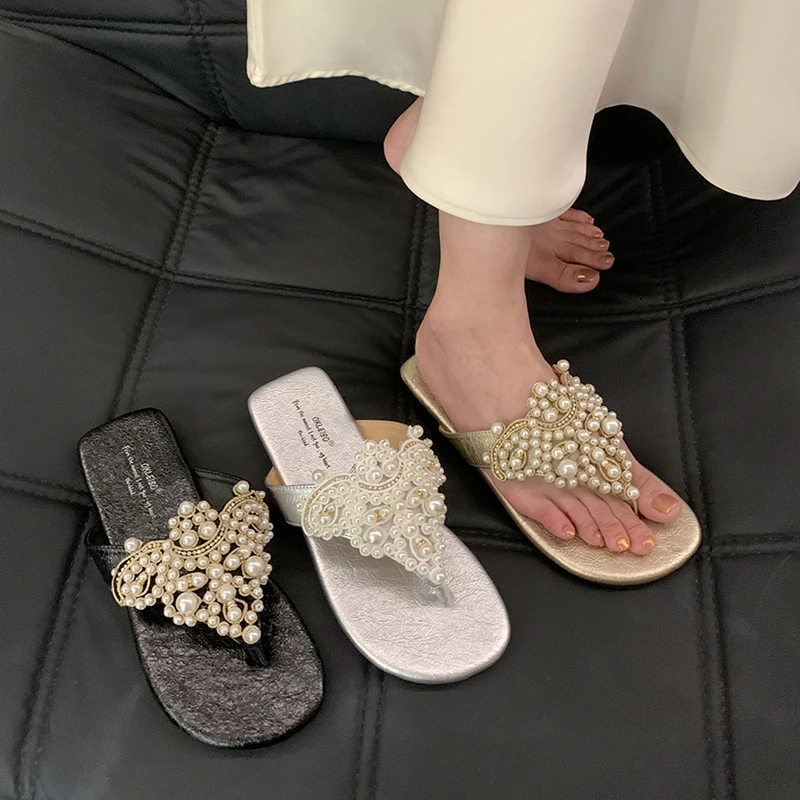 温柔仙女风夹趾拖鞋女夏外穿复古波西米亚风凉鞋珍珠人字拖沙滩鞋