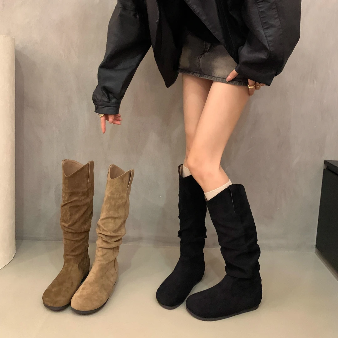 不过膝长筒靴女2024秋冬新款牛仔堆堆靴女复古褶皱高筒西部骑士靴