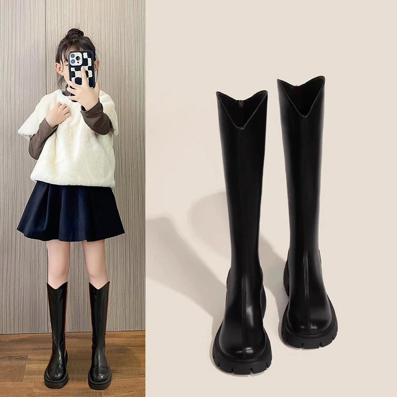 女童长靴子秋冬款2025新款儿童长筒靴洋气高筒靴加绒皮靴二棉鞋子