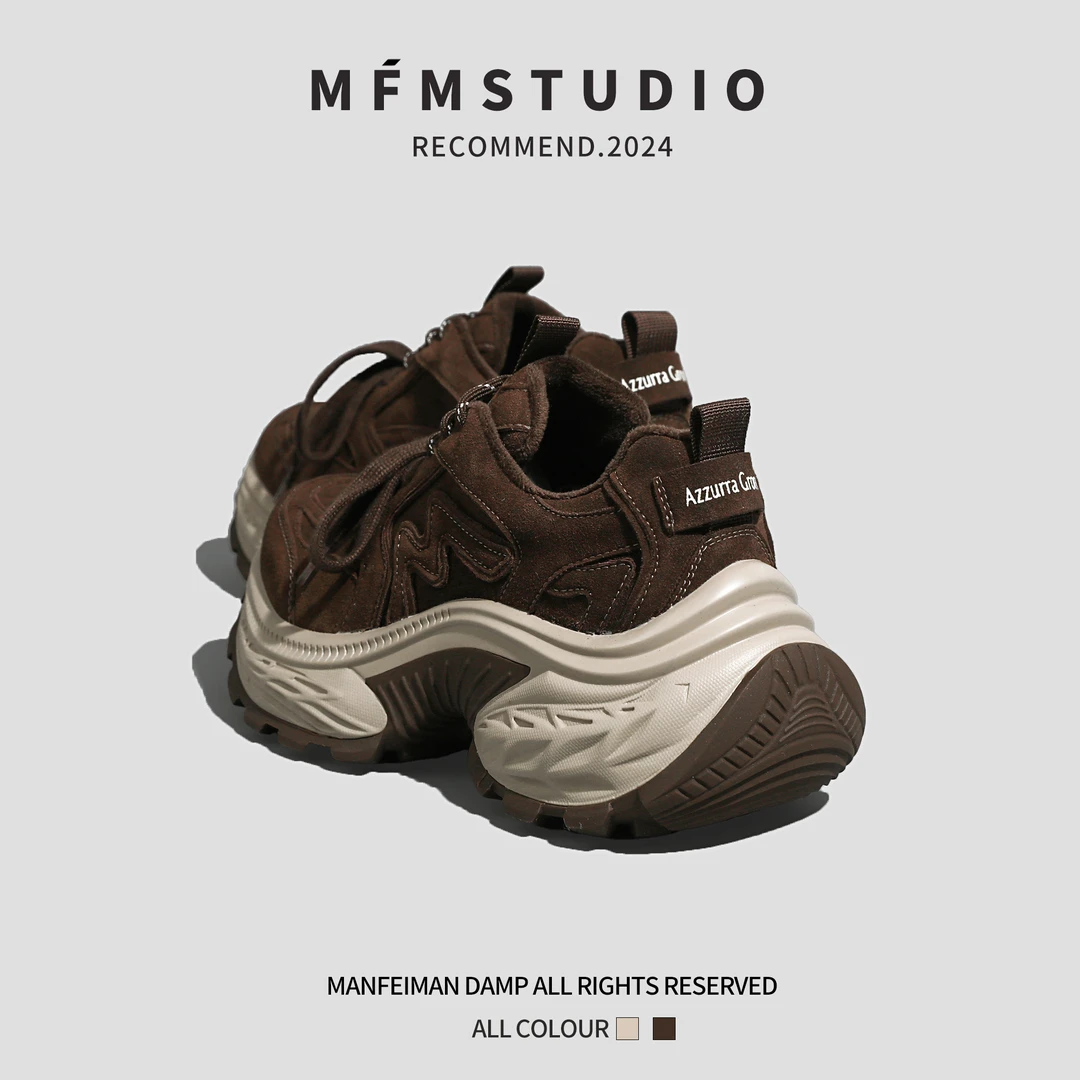 厚底炸街老爹鞋女2024秋冬新款增高7CM磨砂牛皮复古加绒休闲运动