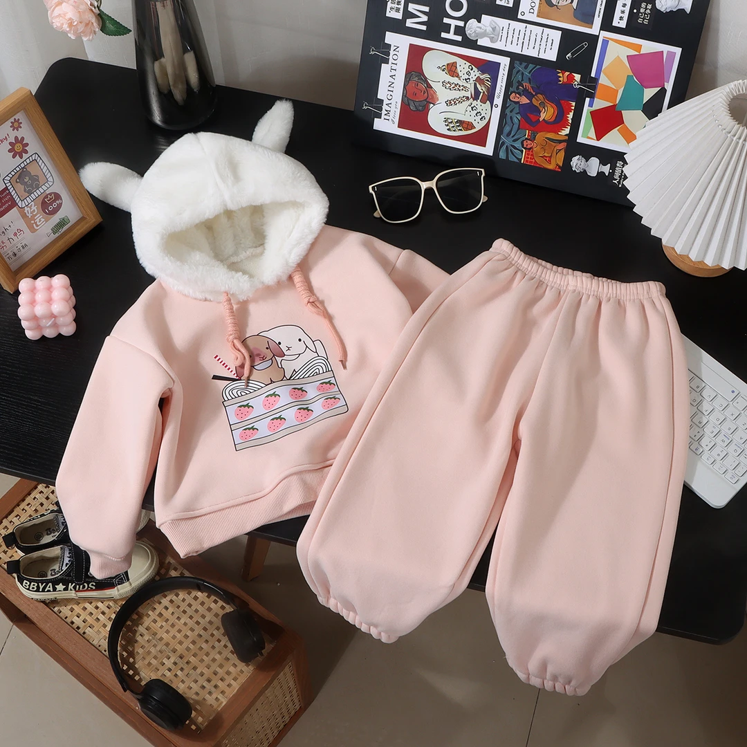 【现货清仓】女童冬季小兔连帽加绒套装韩版印花2024新款女宝两件套