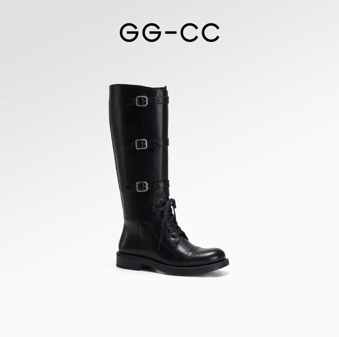 【秀场麻豆】GGCC2024年冬季新款复古个性骑士靴真皮高筒长靴子女