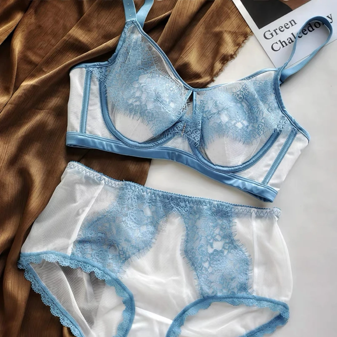 法式高奢性感睫毛蕾丝薄杯兔耳朵内衣套装软钢圈大胸显小文胸