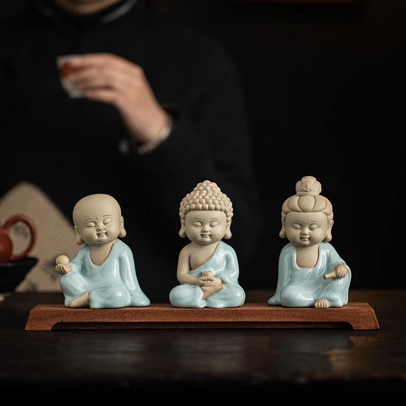 木客禅意陶瓷汝窑如来三圣茶宠摆件创意家居茶室茶玩可养茶桌装饰