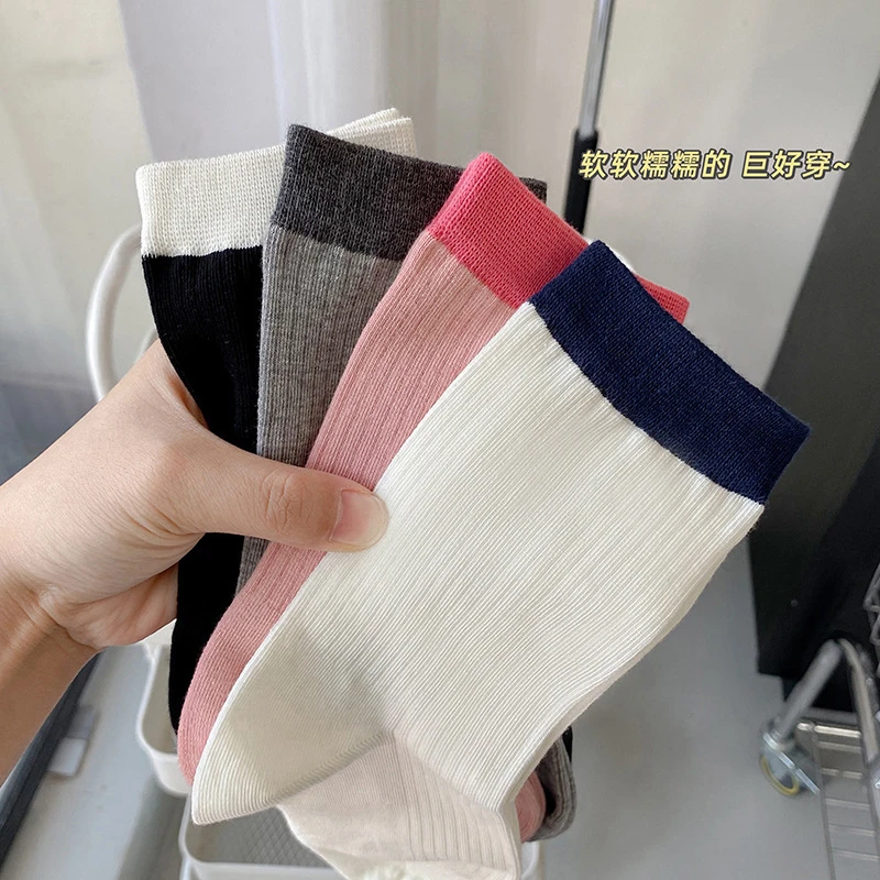 袜子女秋冬复古撞色堆堆袜无骨松口月子袜防臭抗菌中筒袜简约风
