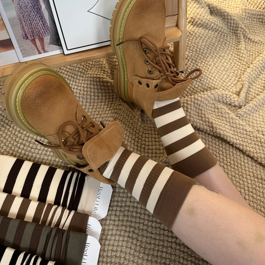 条纹袜子女中筒堆堆袜韩版ins学院风条纹拼色休闲中筒棉袜