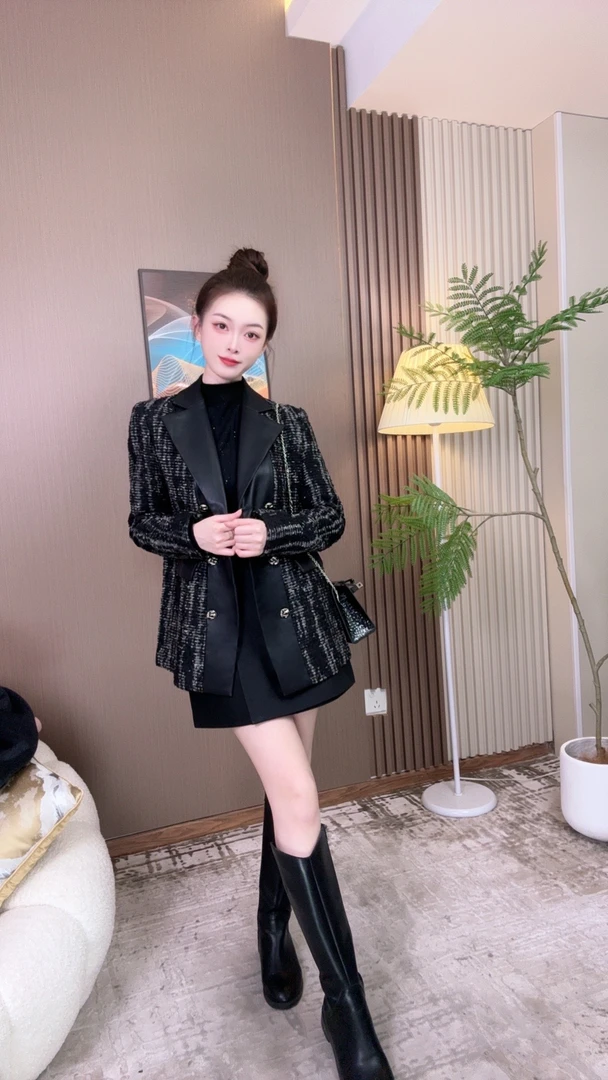 设计师气质休闲粗花呢拼接西装外套