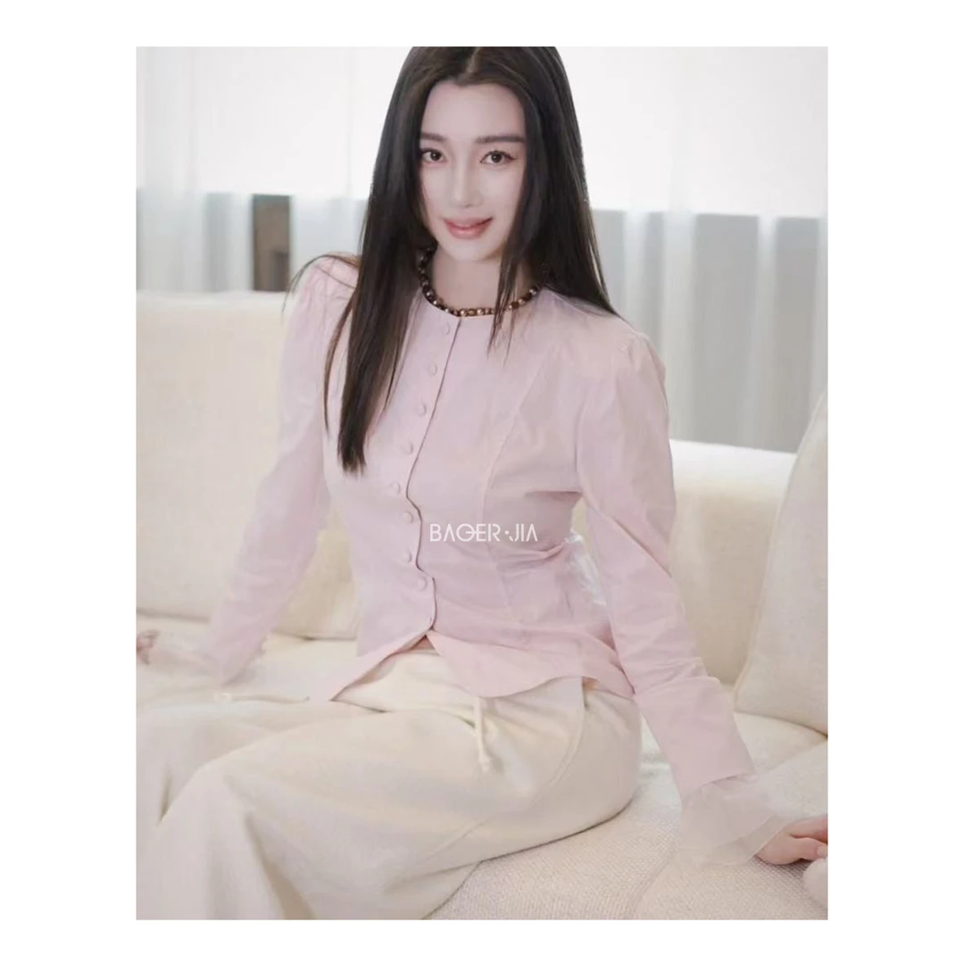 88-【清新脱俗】宝儿家含幂BK55724412冬季轻奢网纱喇叭袖拼接衬衫